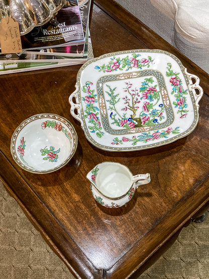 Antique Coalport Indian Tree Three Piece Cream Sugar Serving Tray Porcelain Set