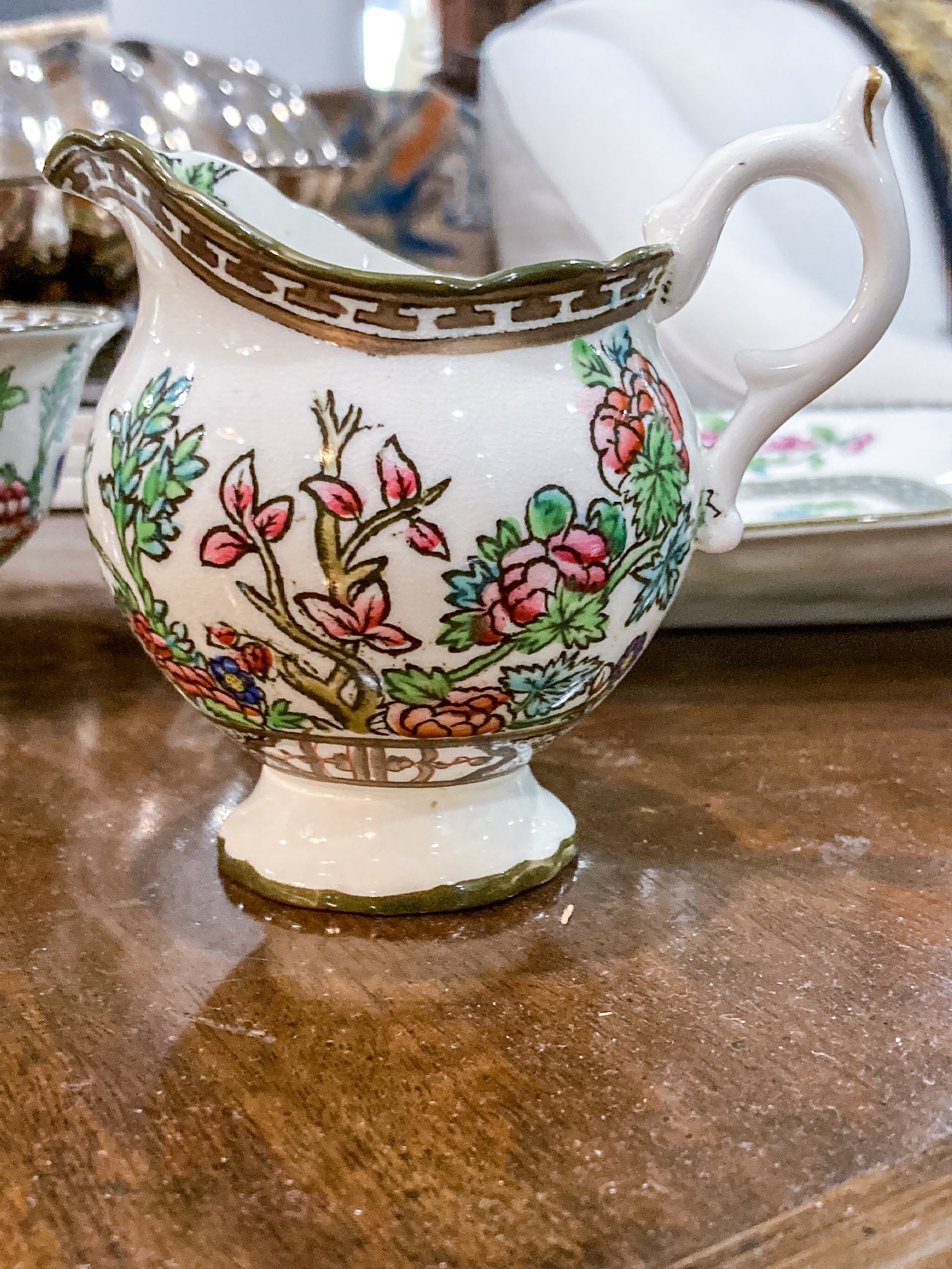 Antique Coalport Indian Tree Three Piece Cream Sugar Serving Tray Porcelain Set
