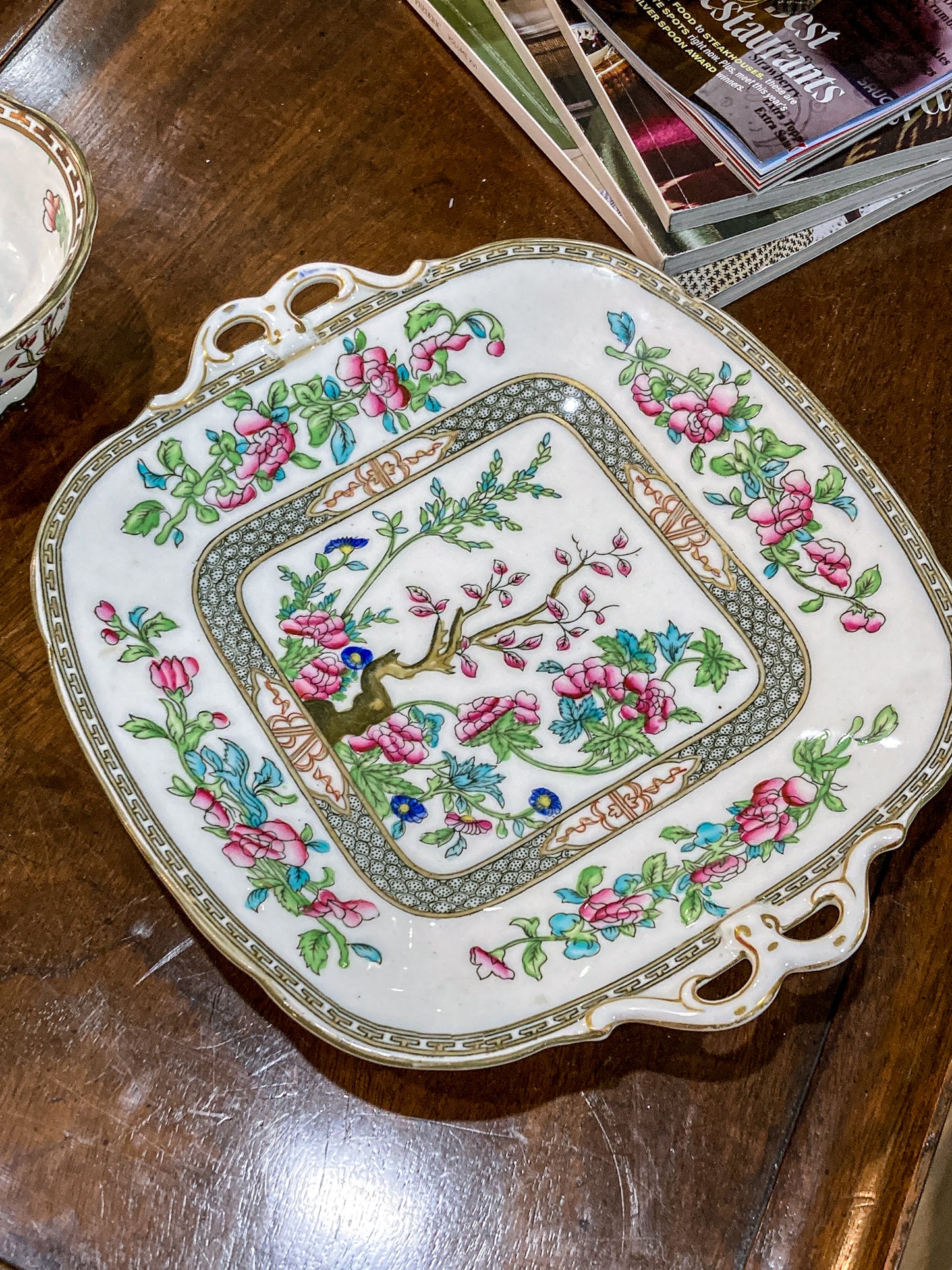 Antique Coalport Indian Tree Three Piece Cream Sugar Serving Tray Porcelain Set