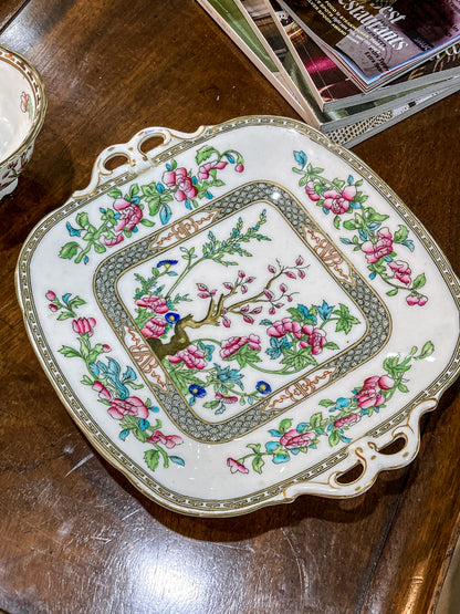 Antique Coalport Indian Tree Three Piece Cream Sugar Serving Tray Porcelain Set