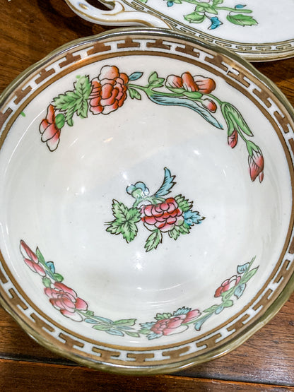 Antique Coalport Indian Tree Three Piece Cream Sugar Serving Tray Porcelain Set