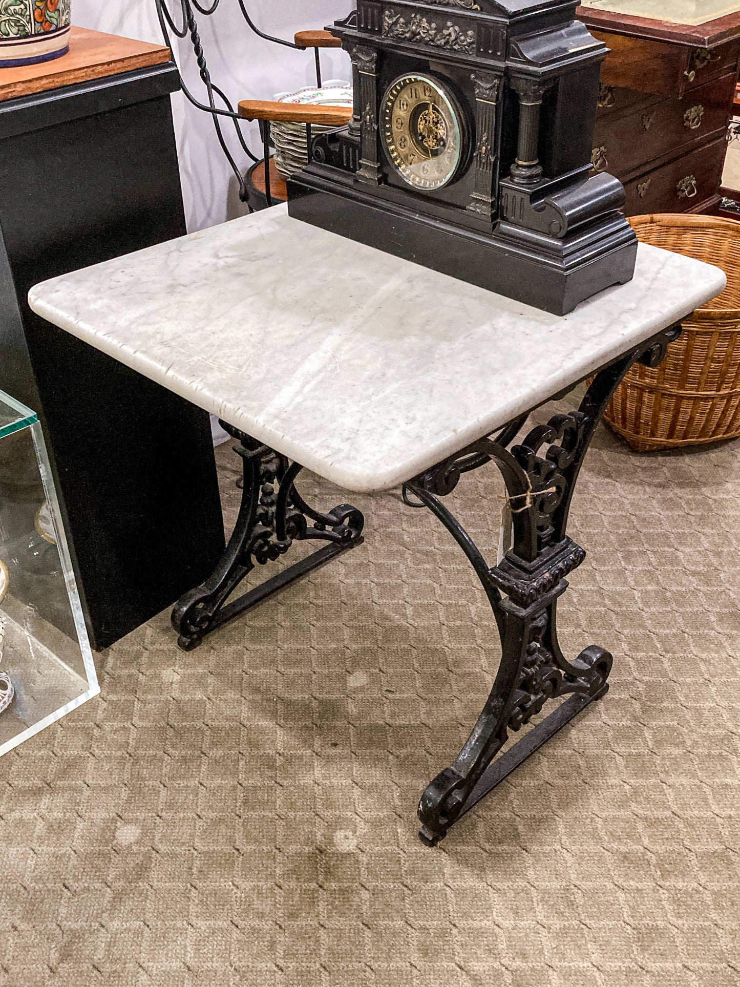 Antique Late 19th Century French Marble Top Iron Legged Square Table