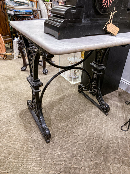 Antique Late 19th Century French Marble Top Iron Legged Square Table