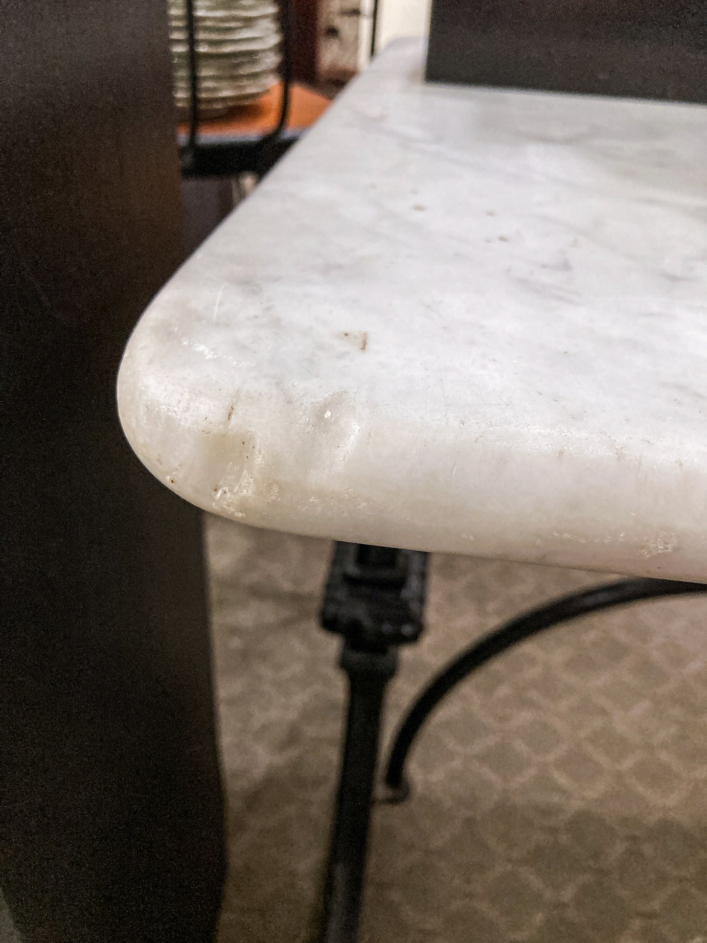 Antique Late 19th Century French Marble Top Iron Legged Square Table