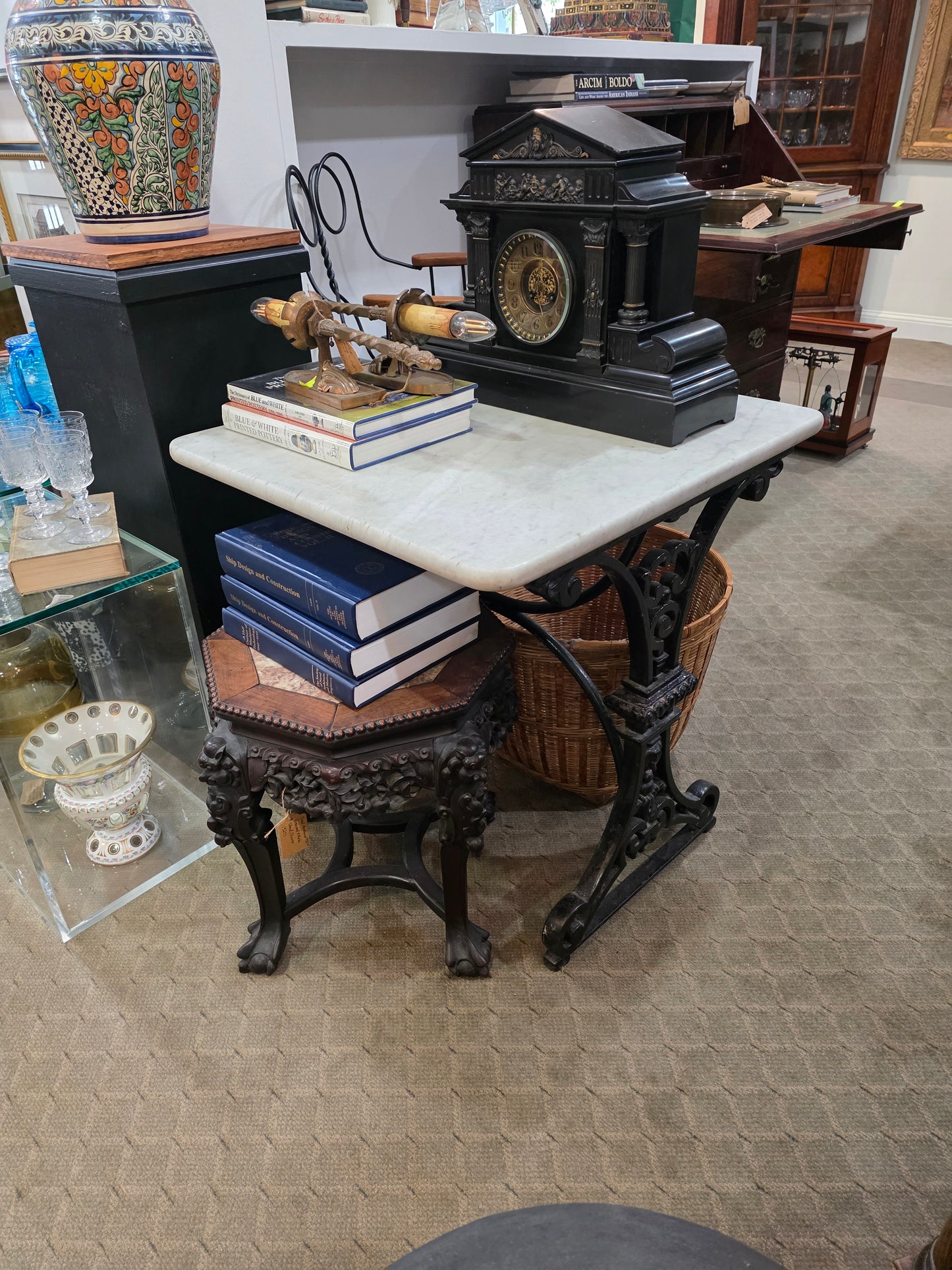 Antique Late 19th Century French Marble Top Iron Legged Square Table