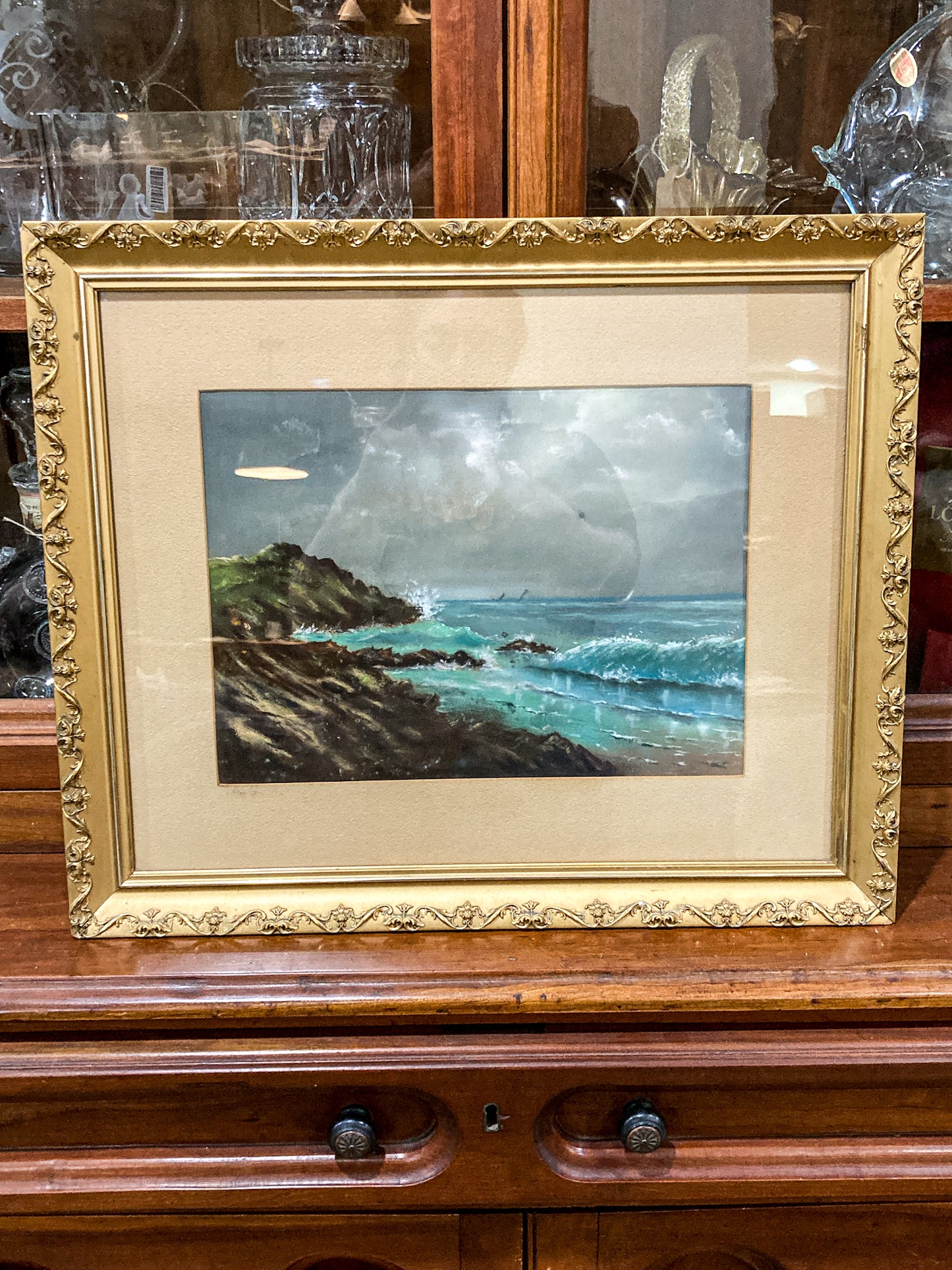 Antique Early 20th Century Seashore Landscape Framed Pastel Drawing