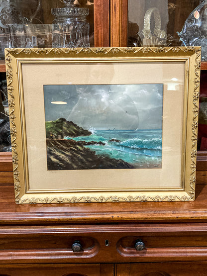 Antique Early 20th Century Seashore Landscape Framed Pastel Drawing