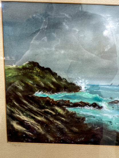 Antique Early 20th Century Seashore Landscape Framed Pastel Drawing