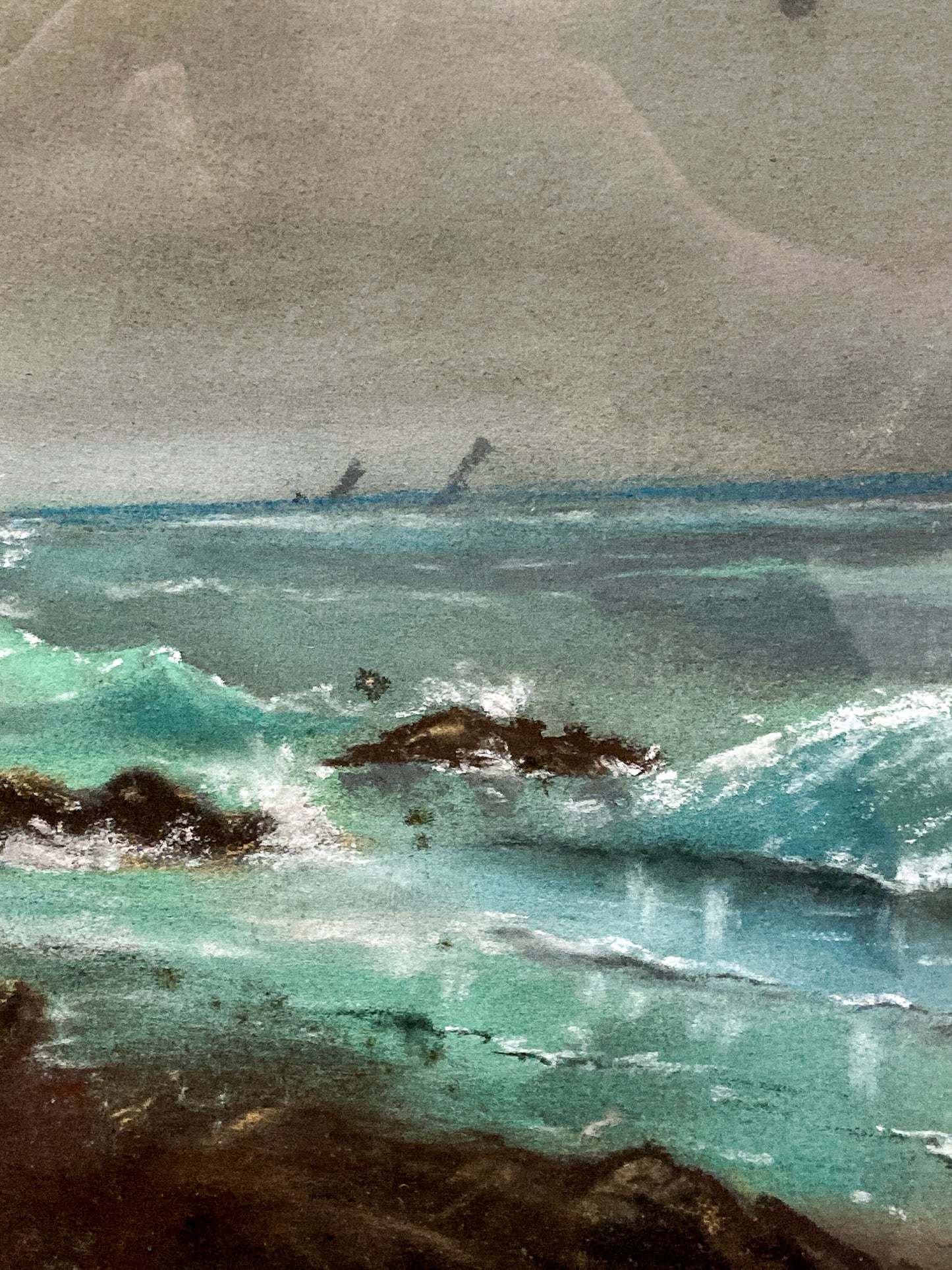 Antique Early 20th Century Seashore Landscape Framed Pastel Drawing