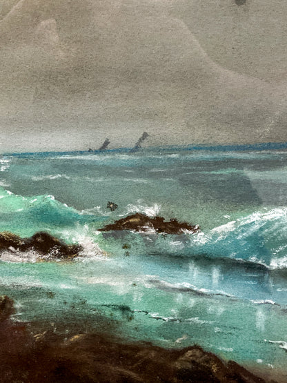 Antique Early 20th Century Seashore Landscape Framed Pastel Drawing