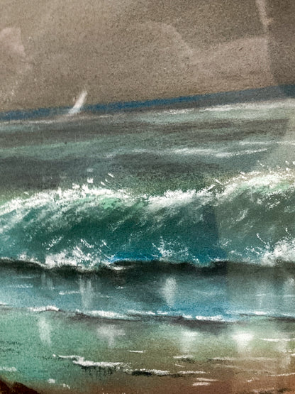 Antique Early 20th Century Seashore Landscape Framed Pastel Drawing