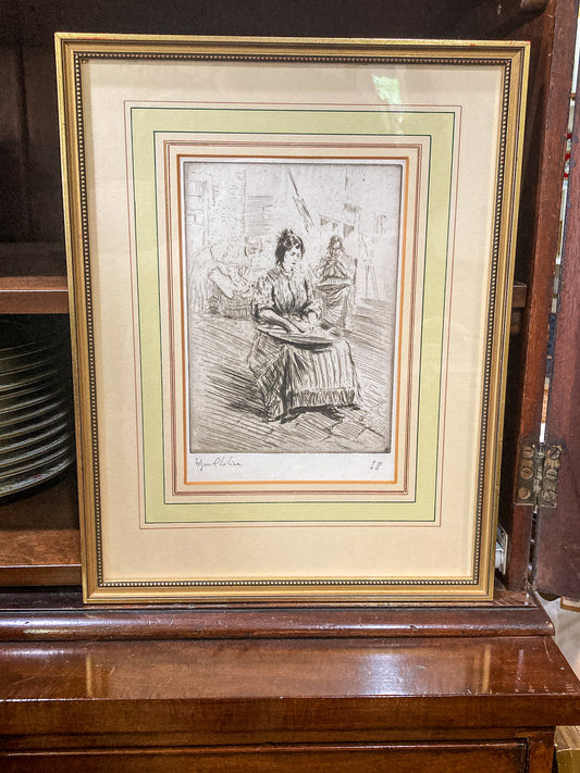 Antique Edgar Chahine Women Doing Laundry Framed Drypoint Etching