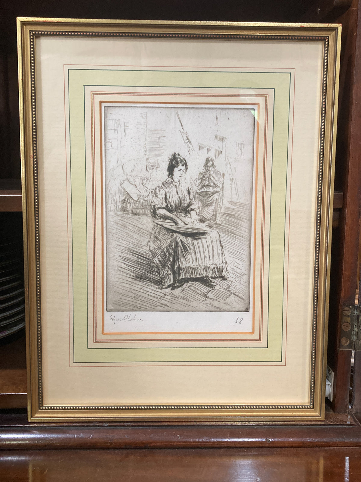 Antique Edgar Chahine Women Doing Laundry Framed Drypoint Etching