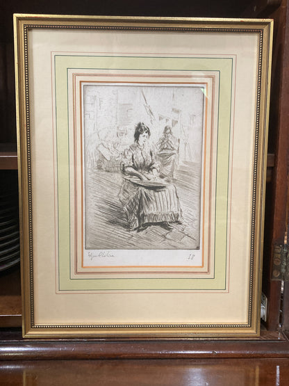 Antique Edgar Chahine Women Doing Laundry Framed Drypoint Etching