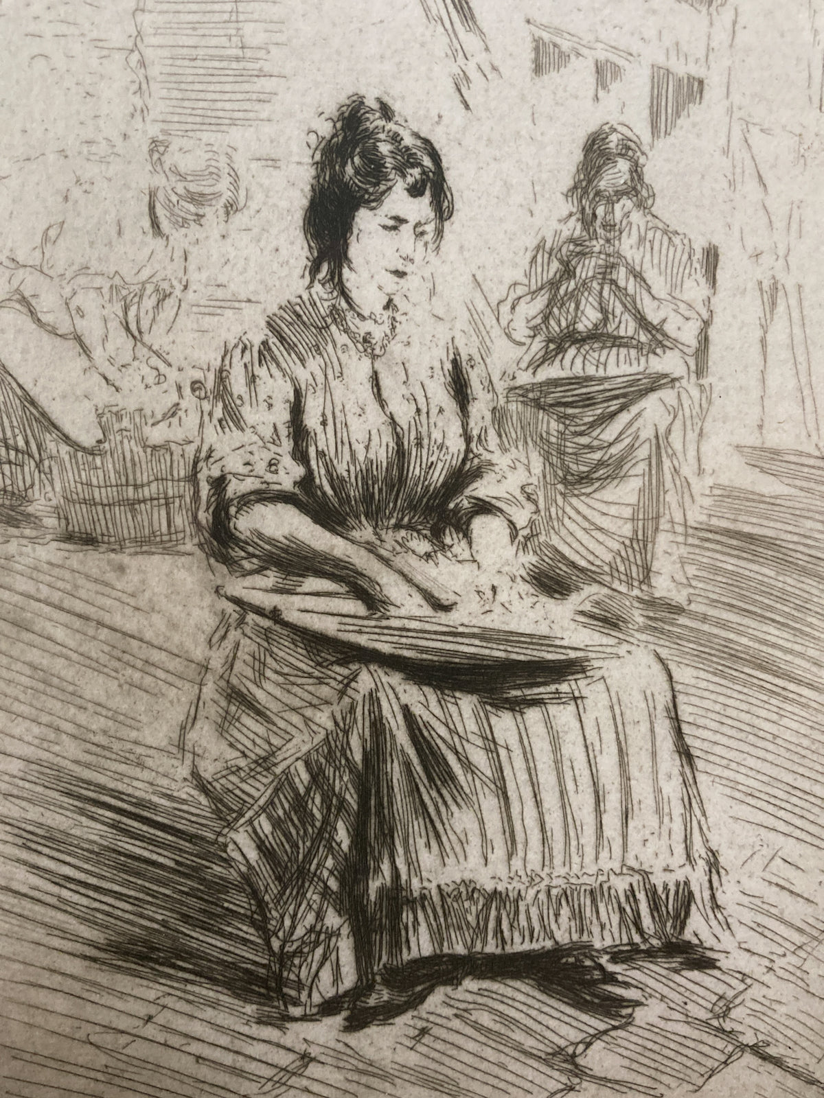 Antique Edgar Chahine Women Doing Laundry Framed Drypoint Etching