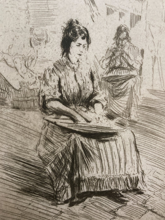 Antique Edgar Chahine Women Doing Laundry Framed Drypoint Etching