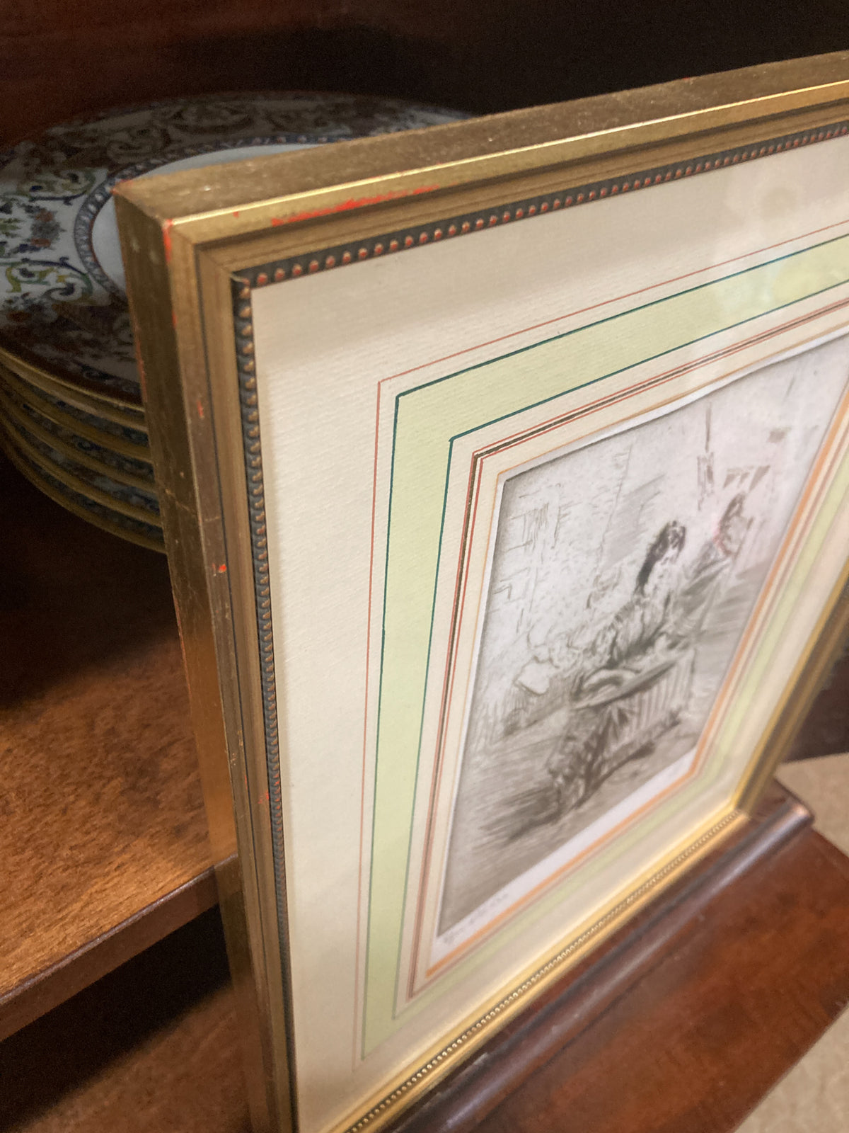 Antique Edgar Chahine Women Doing Laundry Framed Drypoint Etching