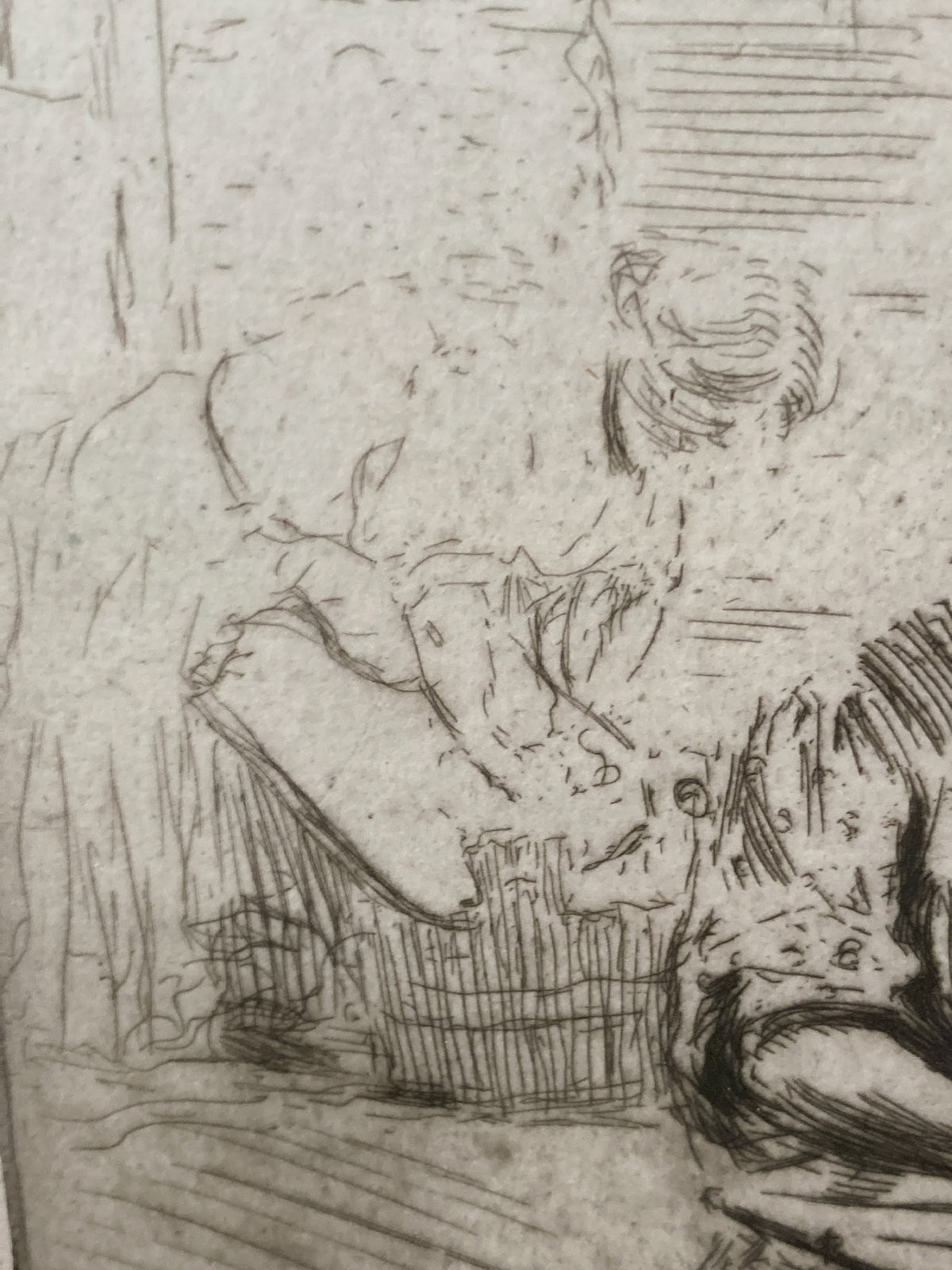 Antique Edgar Chahine Women Doing Laundry Framed Drypoint Etching