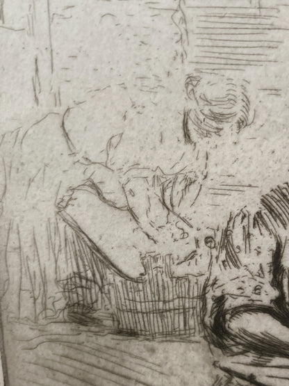 Antique Edgar Chahine Women Doing Laundry Framed Drypoint Etching