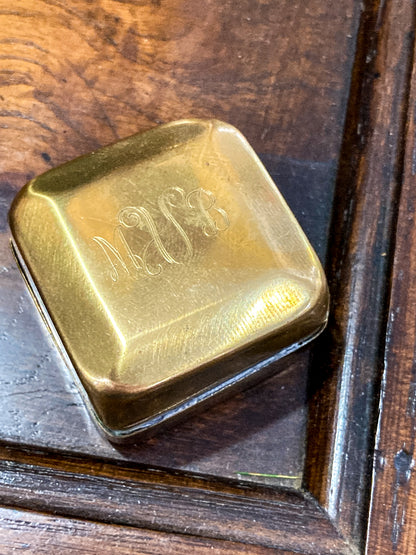 Antique Early 20th Century Edwardian Monogram Square Brass Pill Box