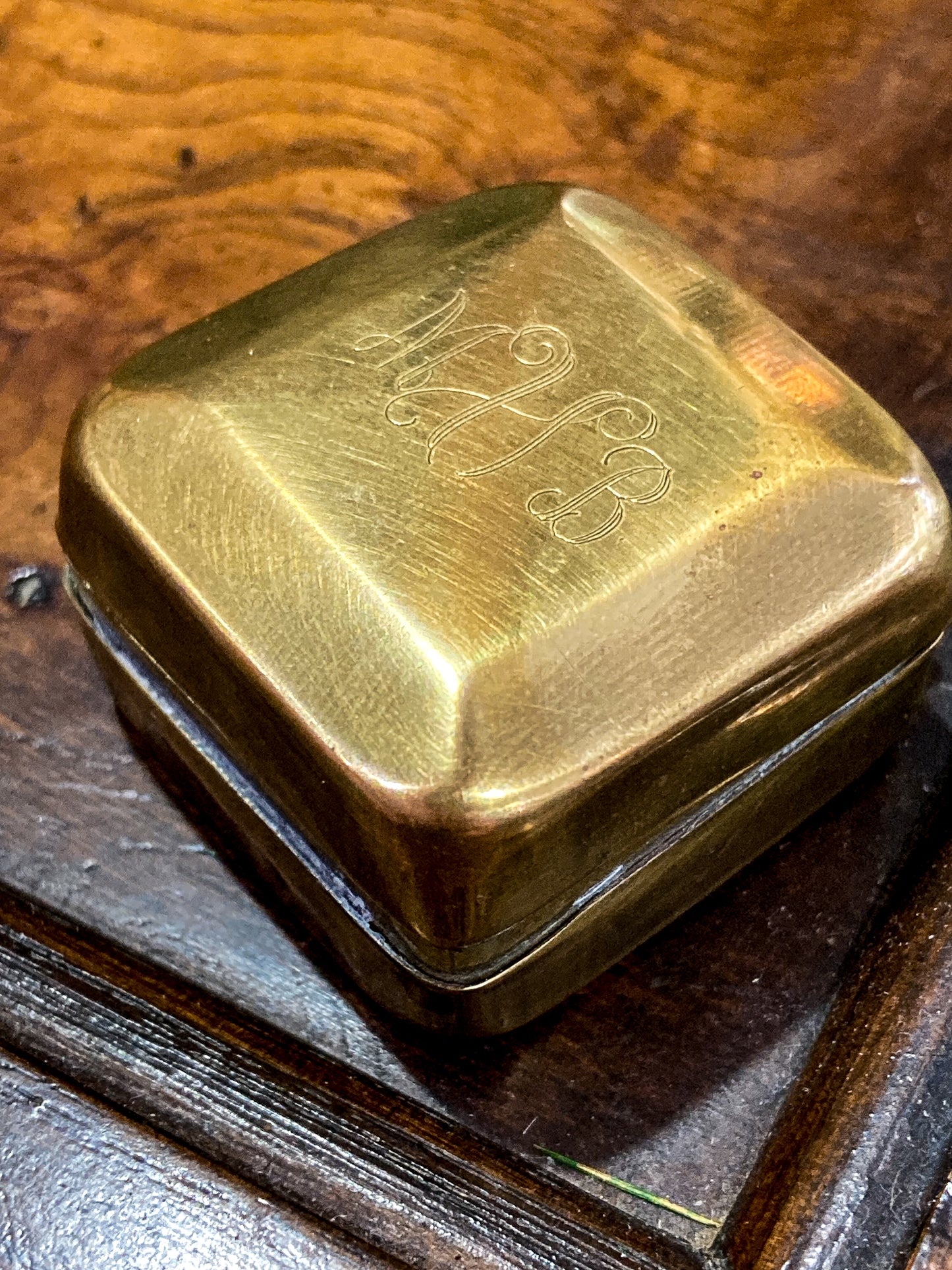 Antique Early 20th Century Edwardian Monogram Square Brass Pill Box