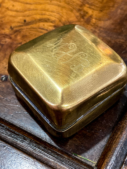 Antique Early 20th Century Edwardian Monogram Square Brass Pill Box