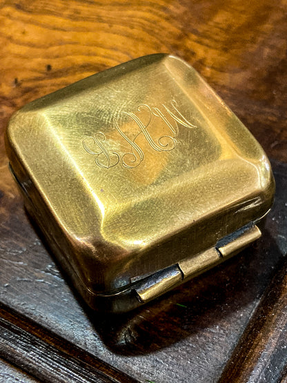 Antique Early 20th Century Edwardian Monogram Square Brass Pill Box