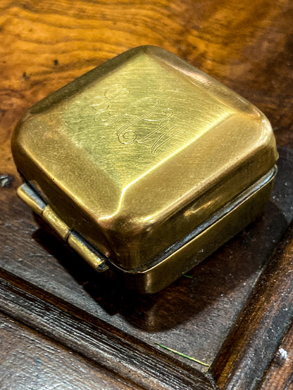 Antique Early 20th Century Edwardian Monogram Square Brass Pill Box