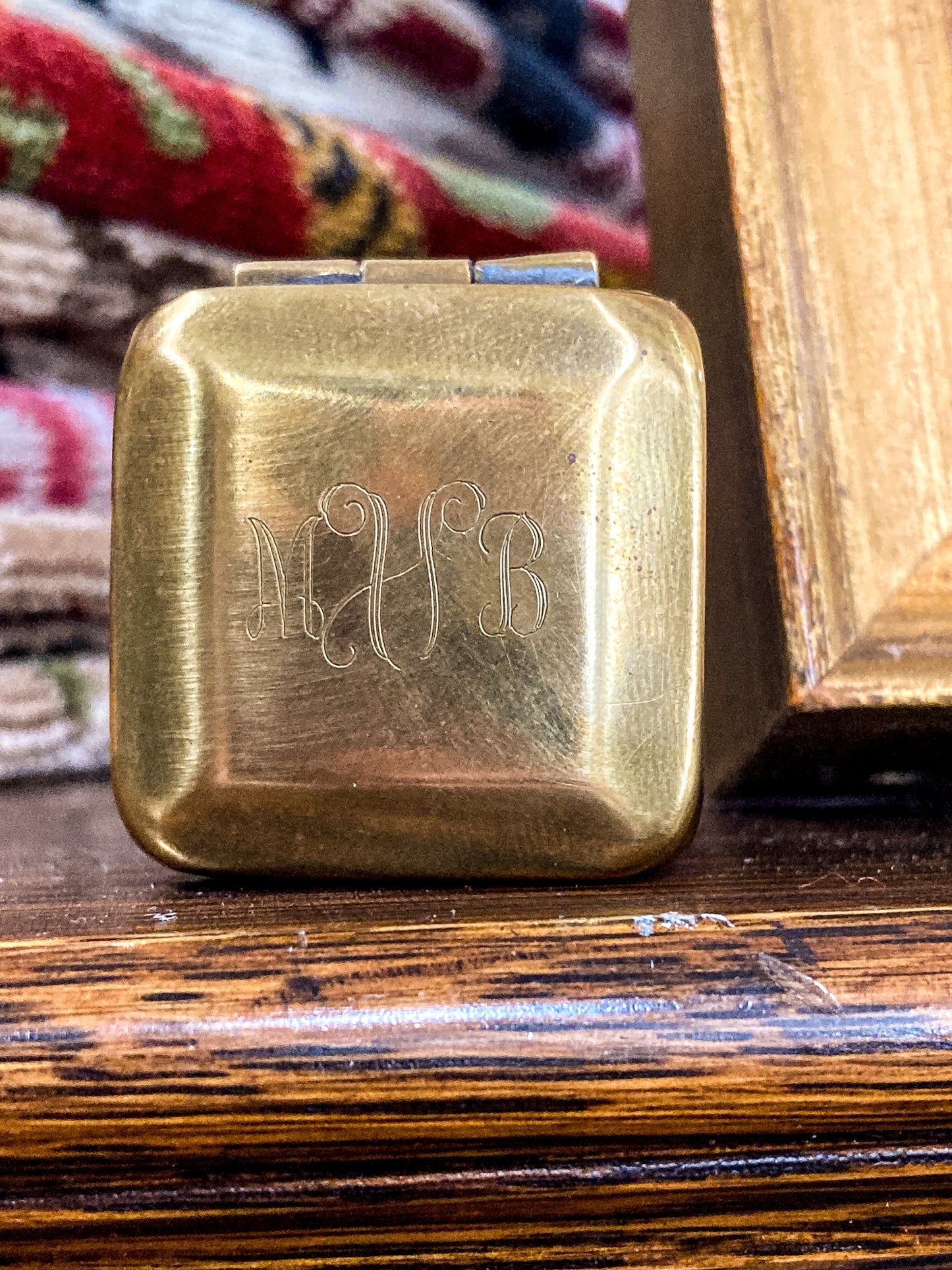 Antique Early 20th Century Edwardian Monogram Square Brass Pill Box