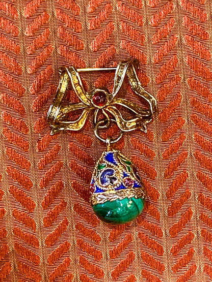 Edwardian Faberge Style Enameled Malachite Egg Drop Bow Watch Fob Brooch Pin
