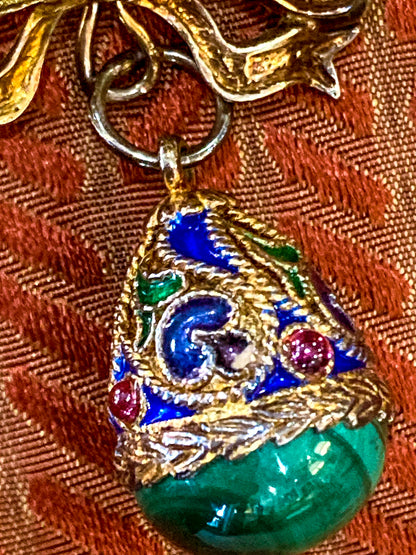 Edwardian Faberge Style Enameled Malachite Egg Drop Bow Watch Fob Brooch Pin