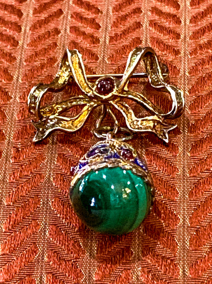 Edwardian Faberge Style Enameled Malachite Egg Drop Bow Watch Fob Brooch Pin