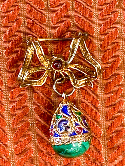 Edwardian Faberge Style Enameled Malachite Egg Drop Bow Watch Fob Brooch Pin