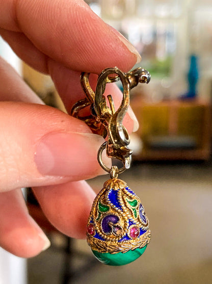 Edwardian Faberge Style Enameled Malachite Egg Drop Bow Watch Fob Brooch Pin