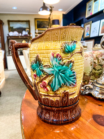 Antique English Fruit Tree Brick Fence Pattern Majolica Large Ceramic Pitcher