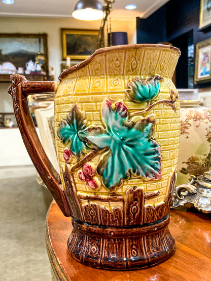 Antique English Fruit Tree Brick Fence Pattern Majolica Large Ceramic Pitcher