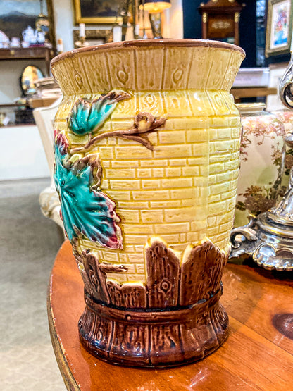 Antique English Fruit Tree Brick Fence Pattern Majolica Large Ceramic Pitcher