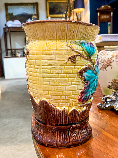 Antique English Fruit Tree Brick Fence Pattern Majolica Large Ceramic Pitcher