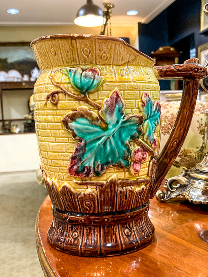 Antique English Fruit Tree Brick Fence Pattern Majolica Large Ceramic Pitcher