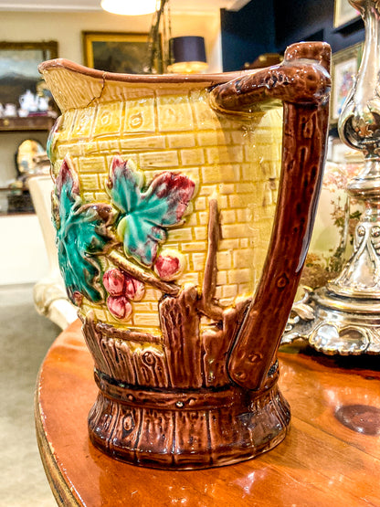Antique English Fruit Tree Brick Fence Pattern Majolica Large Ceramic Pitcher