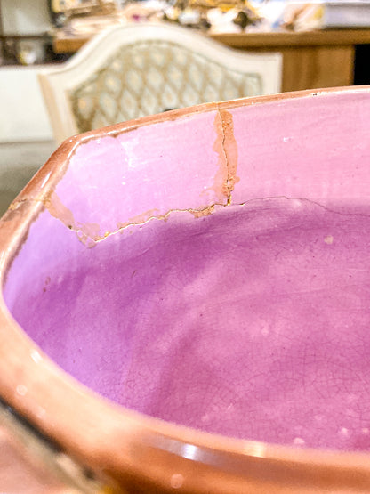 Antique English Fruit Tree Brick Fence Pattern Majolica Large Ceramic Pitcher