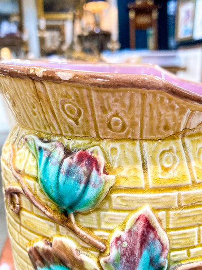 Antique English Fruit Tree Brick Fence Pattern Majolica Large Ceramic Pitcher