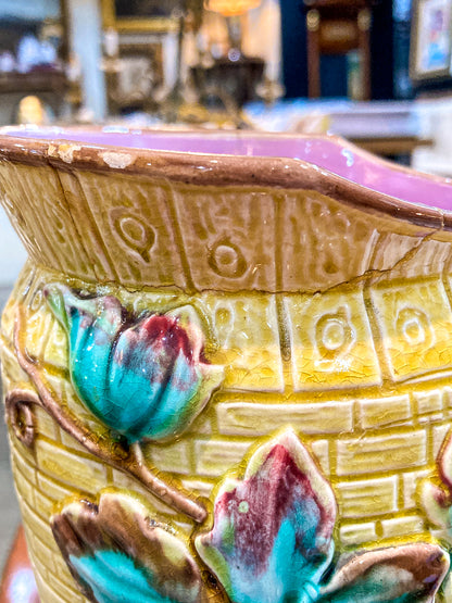 Antique English Fruit Tree Brick Fence Pattern Majolica Large Ceramic Pitcher