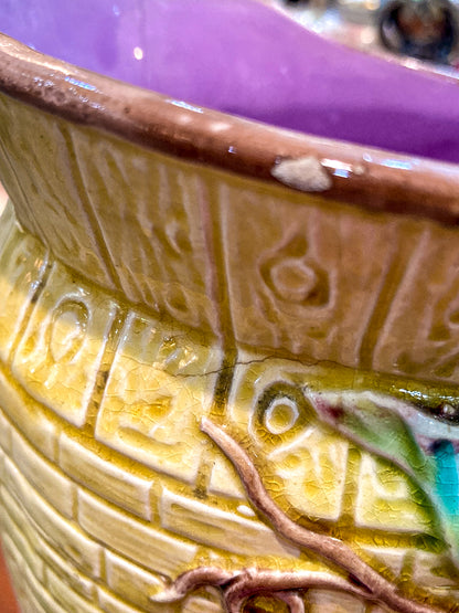 Antique English Fruit Tree Brick Fence Pattern Majolica Large Ceramic Pitcher