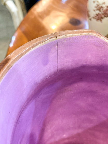 Antique English Fruit Tree Brick Fence Pattern Majolica Large Ceramic Pitcher