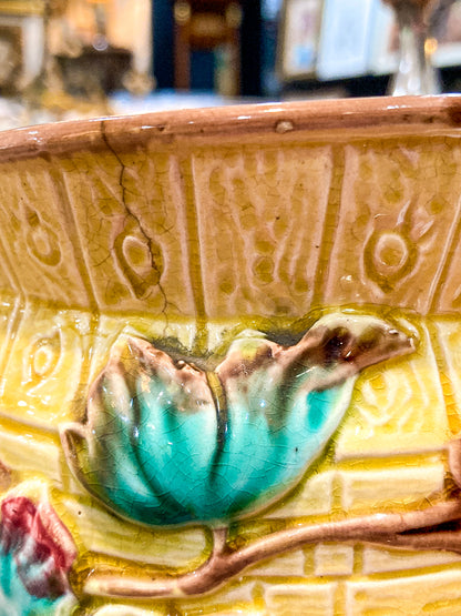 Antique English Fruit Tree Brick Fence Pattern Majolica Large Ceramic Pitcher