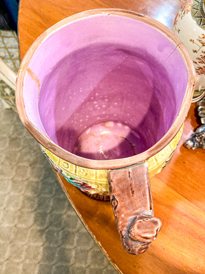 Antique English Fruit Tree Brick Fence Pattern Majolica Large Ceramic Pitcher