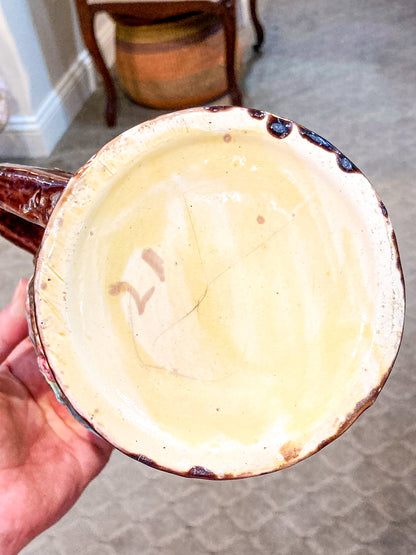 Antique English Fruit Tree Brick Fence Pattern Majolica Large Ceramic Pitcher