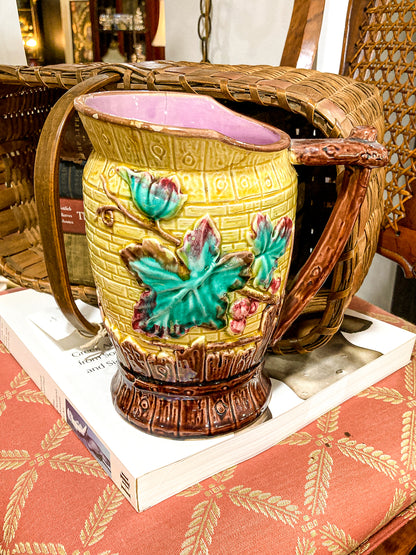 Antique English Fruit Tree Brick Fence Pattern Majolica Large Ceramic Pitcher