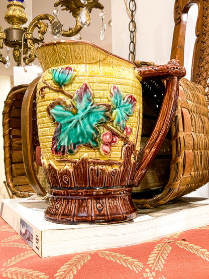 Antique English Fruit Tree Brick Fence Pattern Majolica Large Ceramic Pitcher